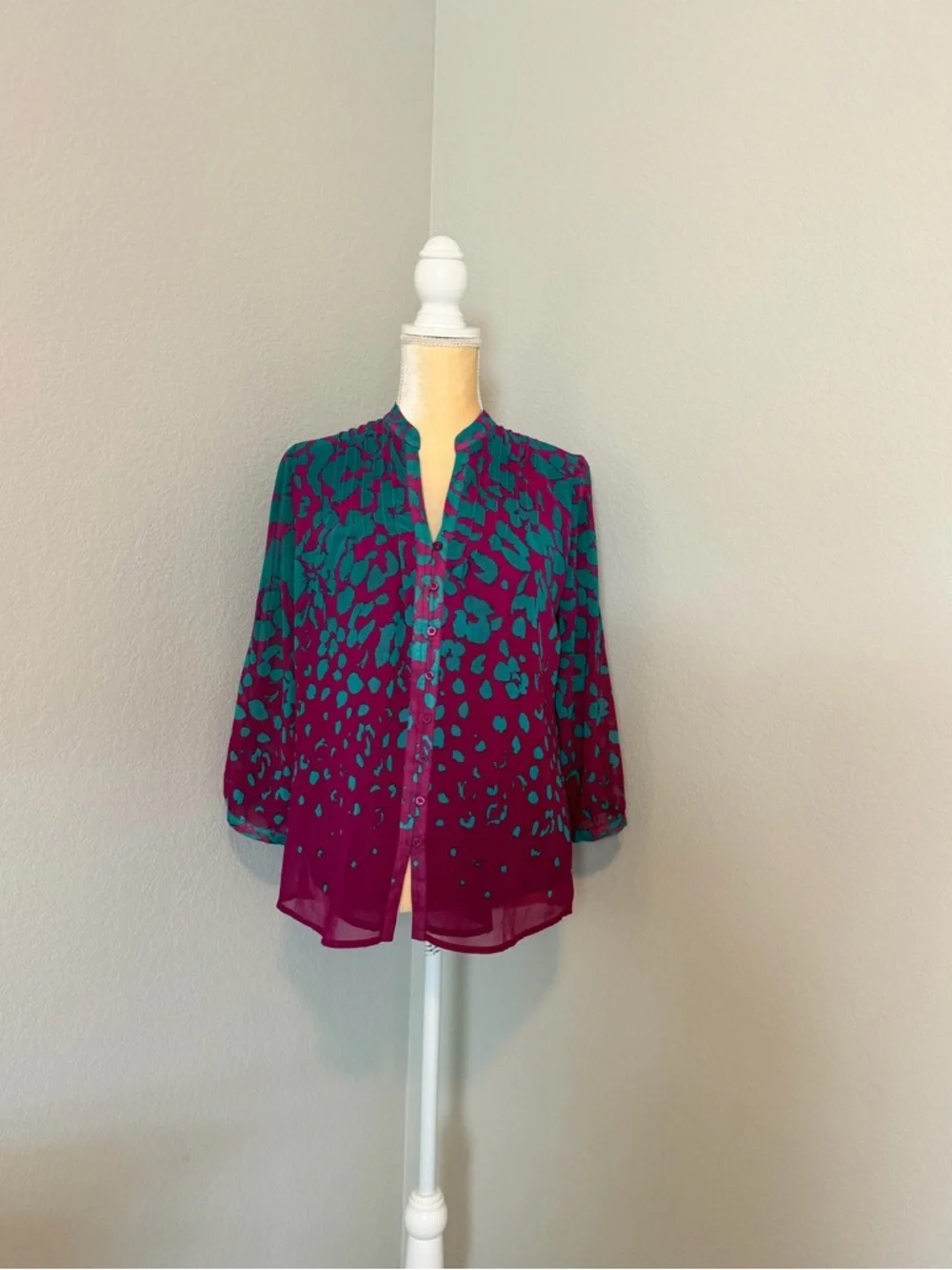 Calvin Klein Teal & Magenta Abstract Animal Print Chiffon Blouse - Picture 2 of 8